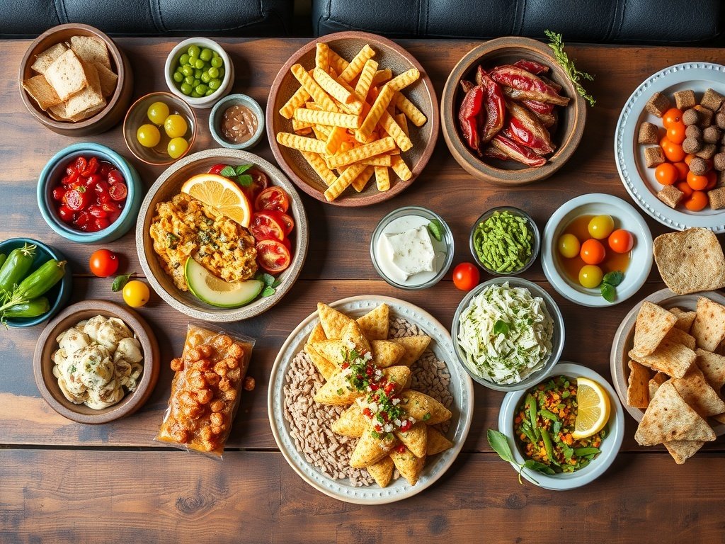 A variety of colorful dishes featuring fresh fruits, vegetables, and snacks set up on a wooden table.