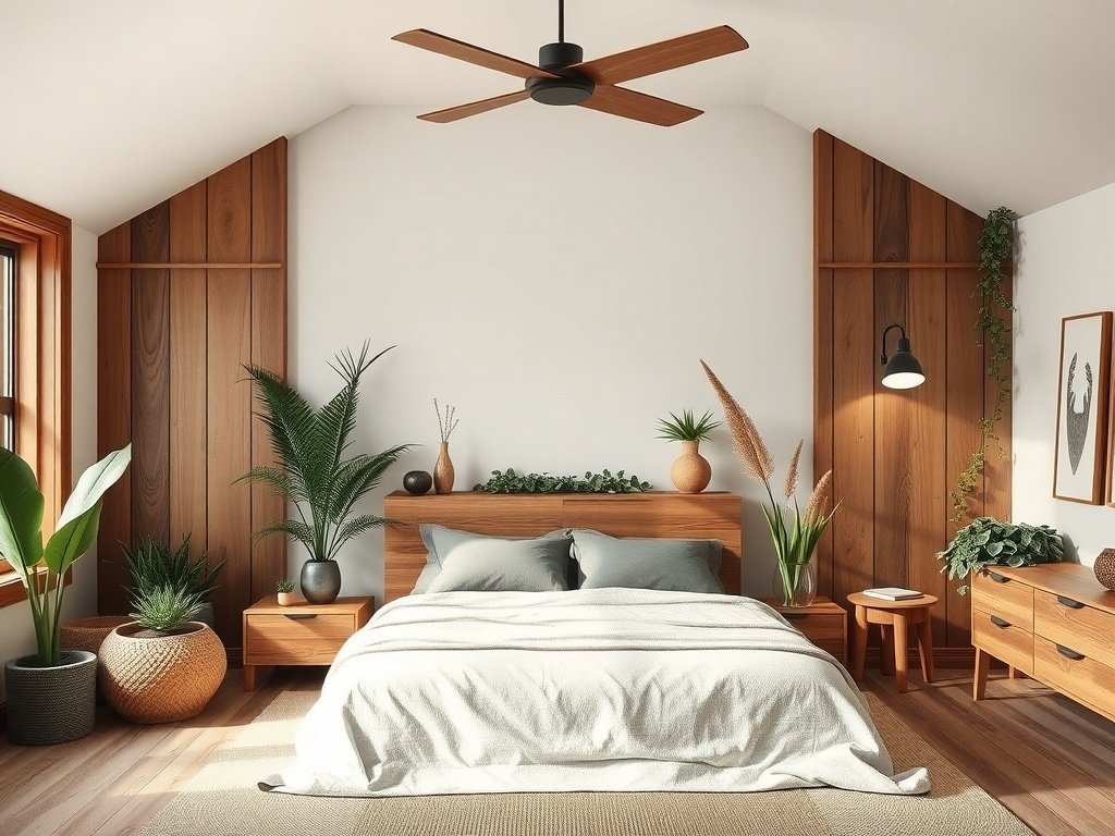 A serene master bedroom featuring natural elements like plants and wooden decor.