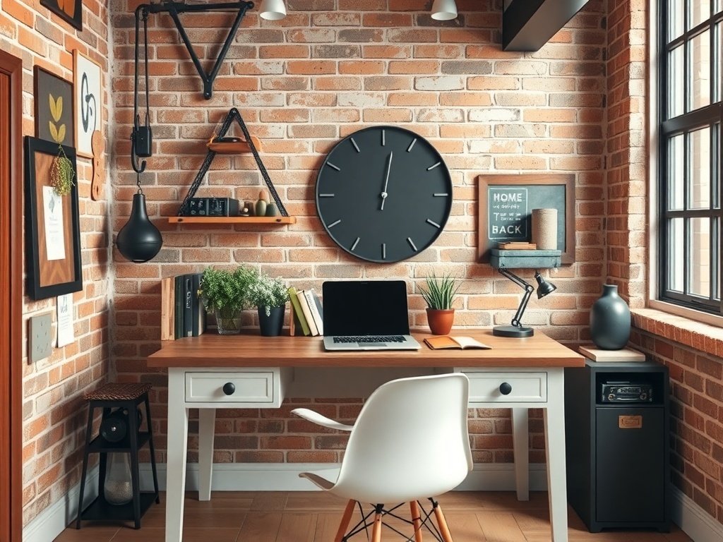 A stylish industrial office with exposed brick walls, wooden desk, and modern furniture.
