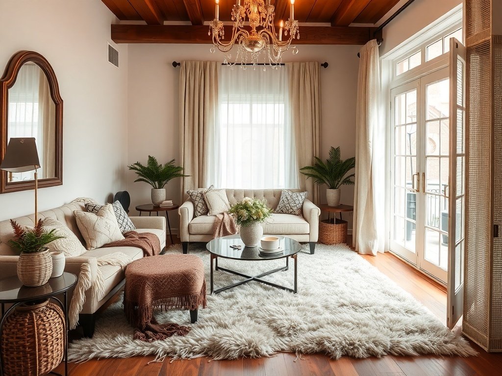 A stylishly designed small living room featuring layered rugs and throws, showcasing a cozy, elegant atmosphere.