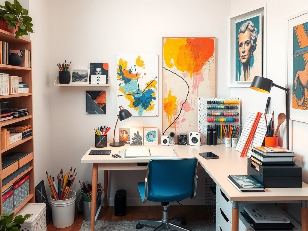 A stylish monochrome home office with modern furniture and ample natural light.