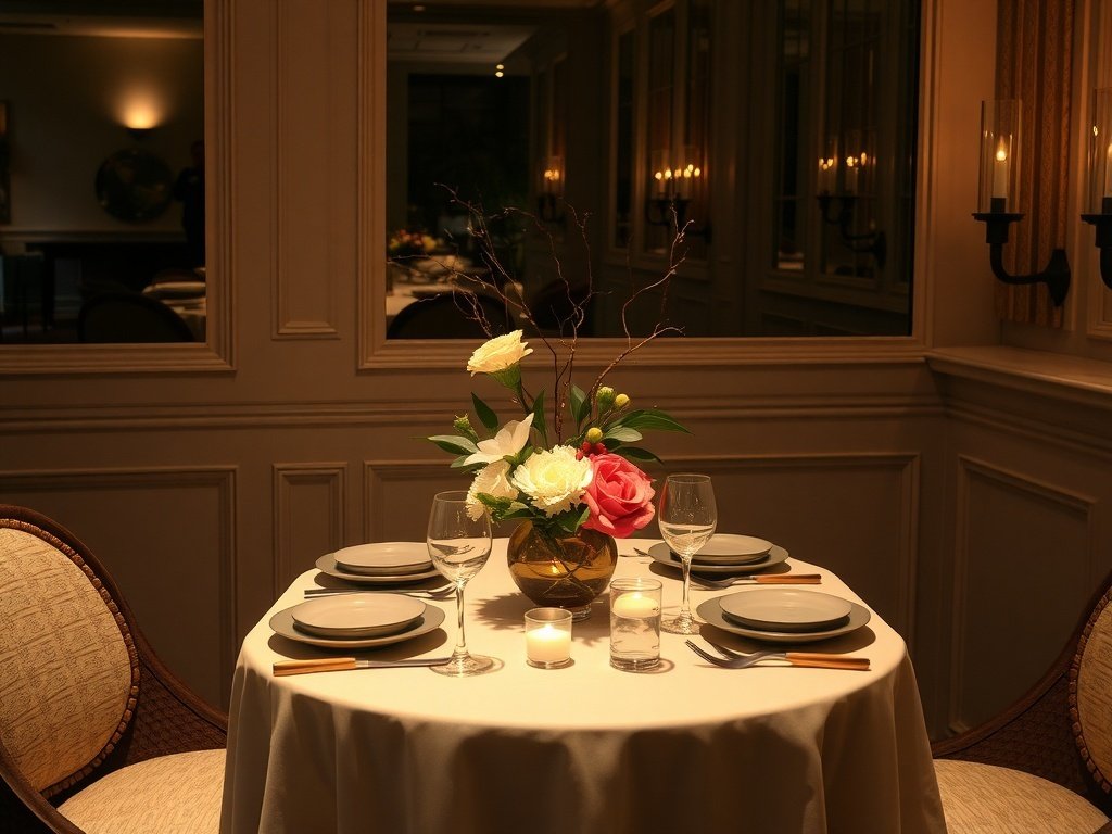 Elegant dining table with a floral centerpiece and soft lighting.
