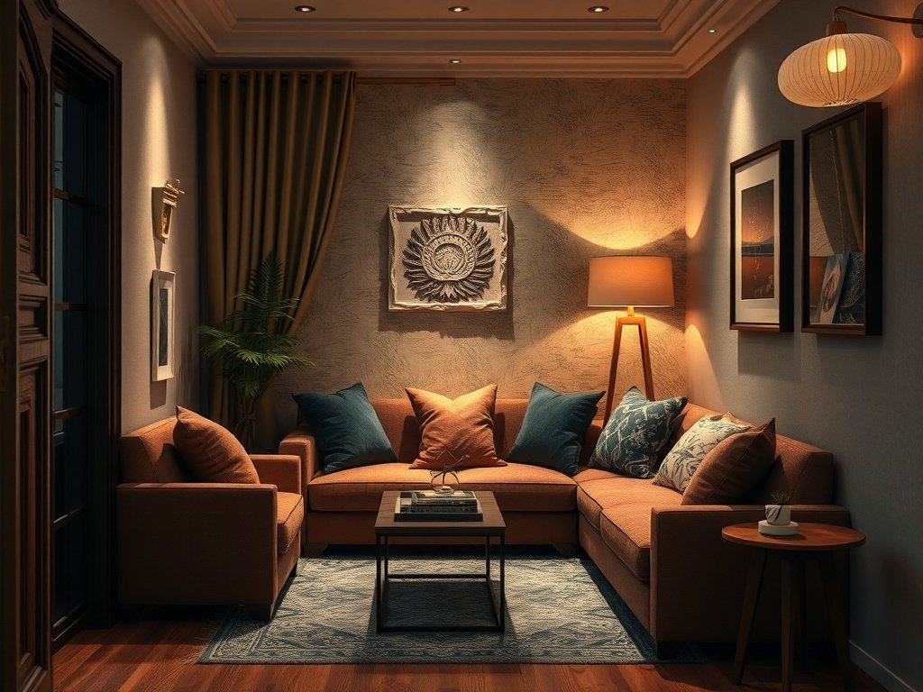 A cozy corner nook with rich textures, featuring a brown sofa adorned with colorful pillows and warm lighting.