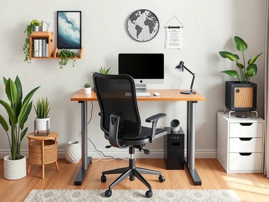 A sleek ergonomic home office with a modern desk, comfortable chair, and plants.