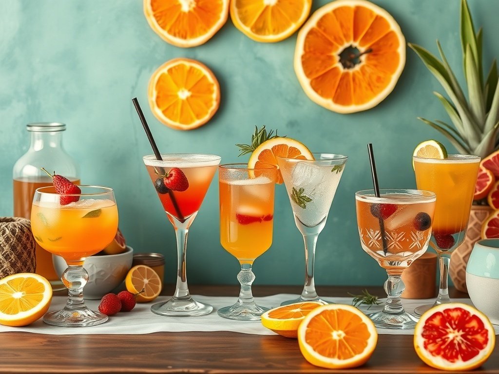 A vibrant drink station featuring colorful cocktails, fresh fruits, and decorative elements for a festive backyard party.