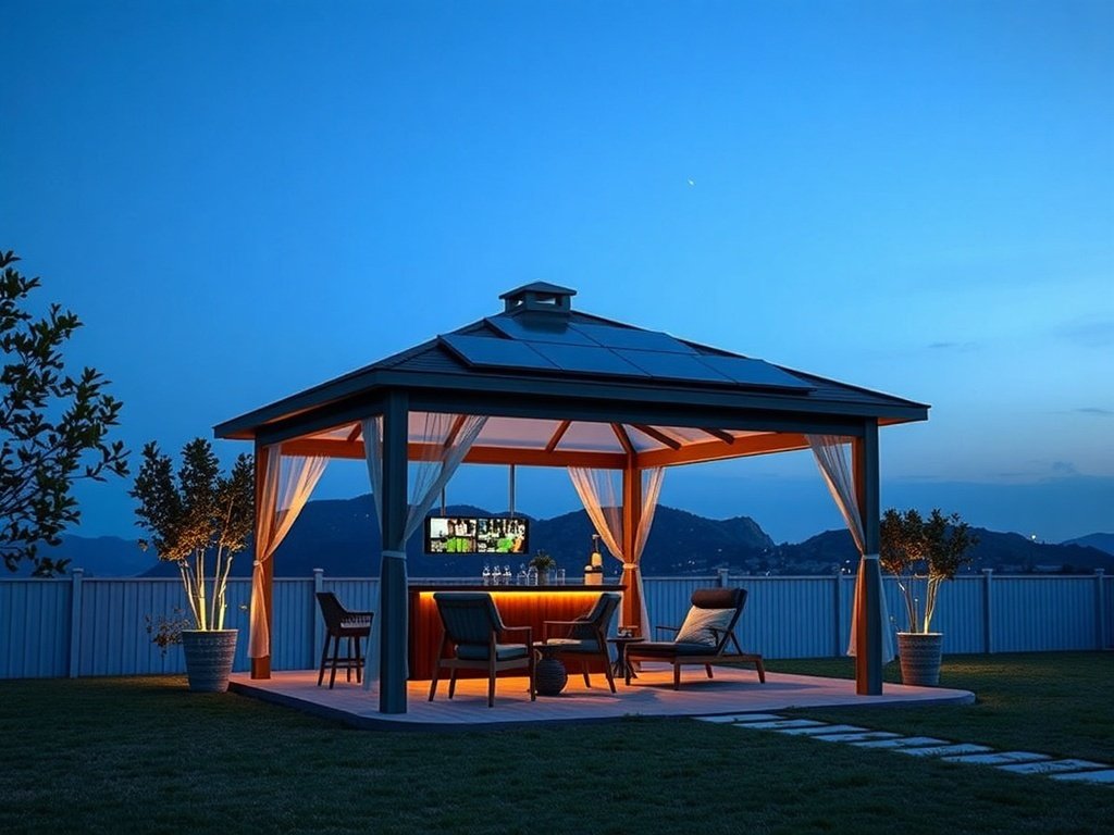 A solar-powered gazebo with outdoor seating and soft lighting at night.
