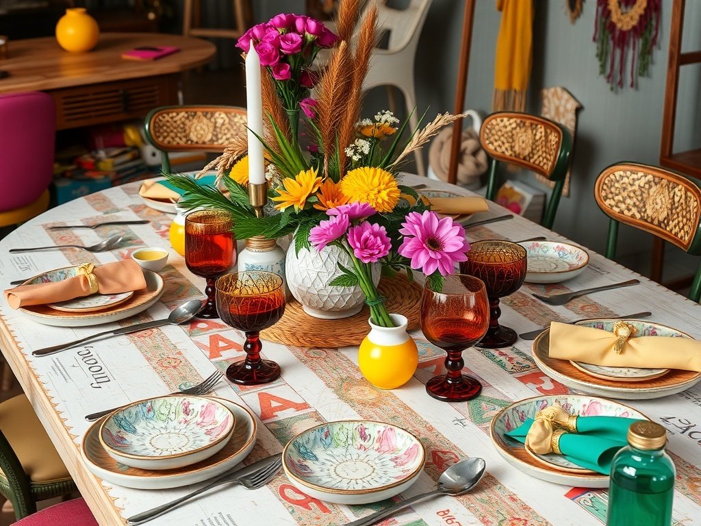 An eclectic table setting with colorful dishes, glasses, and flowers.