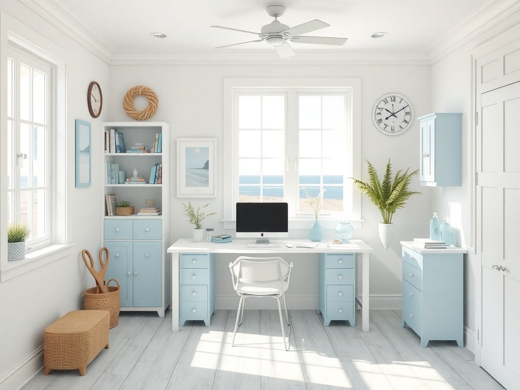 A bright coastal-inspired home office with natural light and soft blue accents.