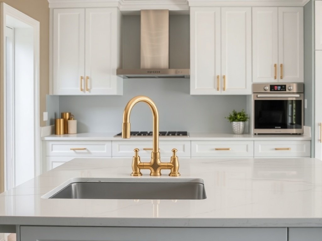 Modern kitchen featuring a gold faucet and sink against white cabinetry