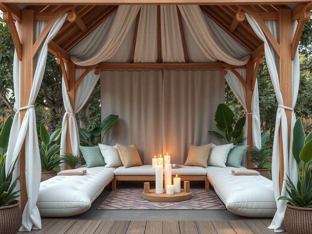 Cozy zen meditation corner in a backyard gazebo with cushions and candles.