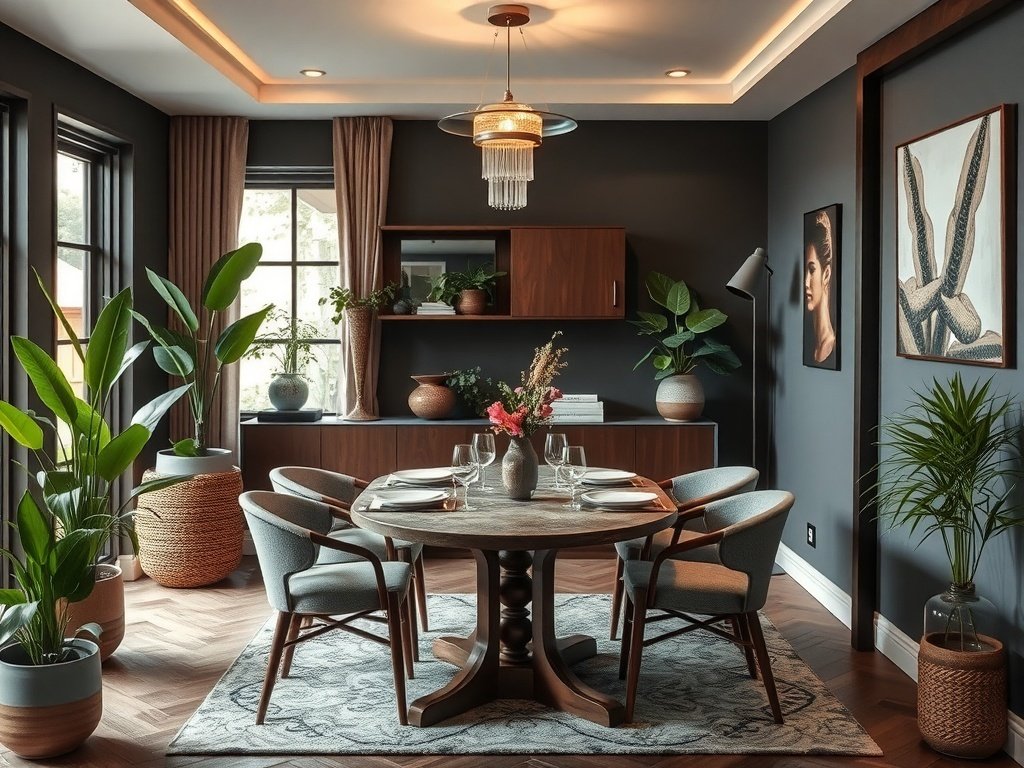 Elegant small dining room with nature-inspired decor and houseplants.