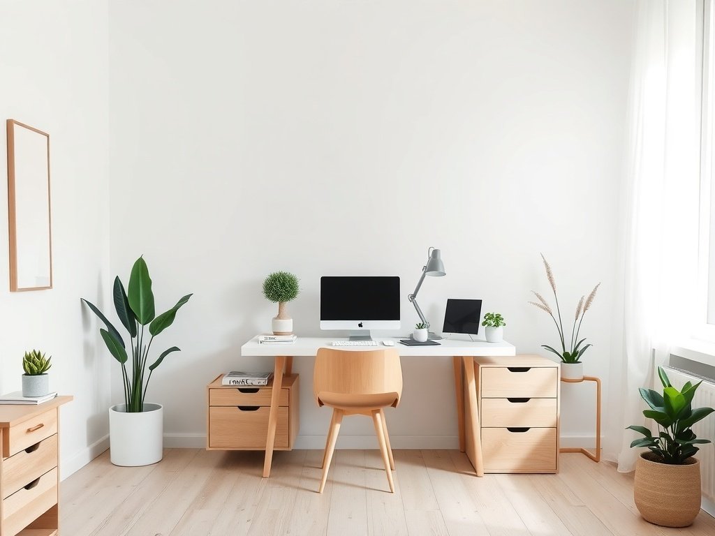 Minimalist Scandinavian workspace with light colors, desk, chair, and plants.