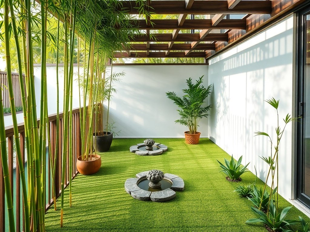 A peaceful Zen garden deck with bamboo, rocks, and plants.