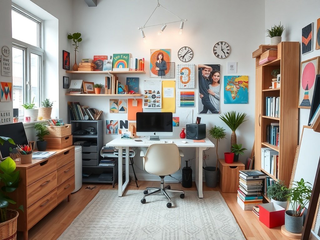 A creative home office corner featuring art supplies, colorful decorations, and plants.