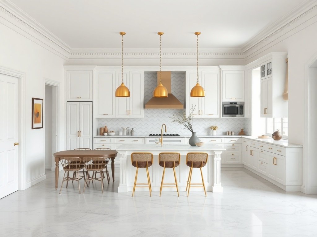 Modern luxury kitchen with an open concept layout featuring white cabinets and gold accents.