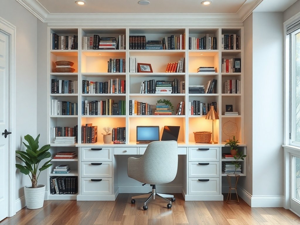 A stylish home office featuring a cozy reading nook with bookshelves, a desk, and plants.