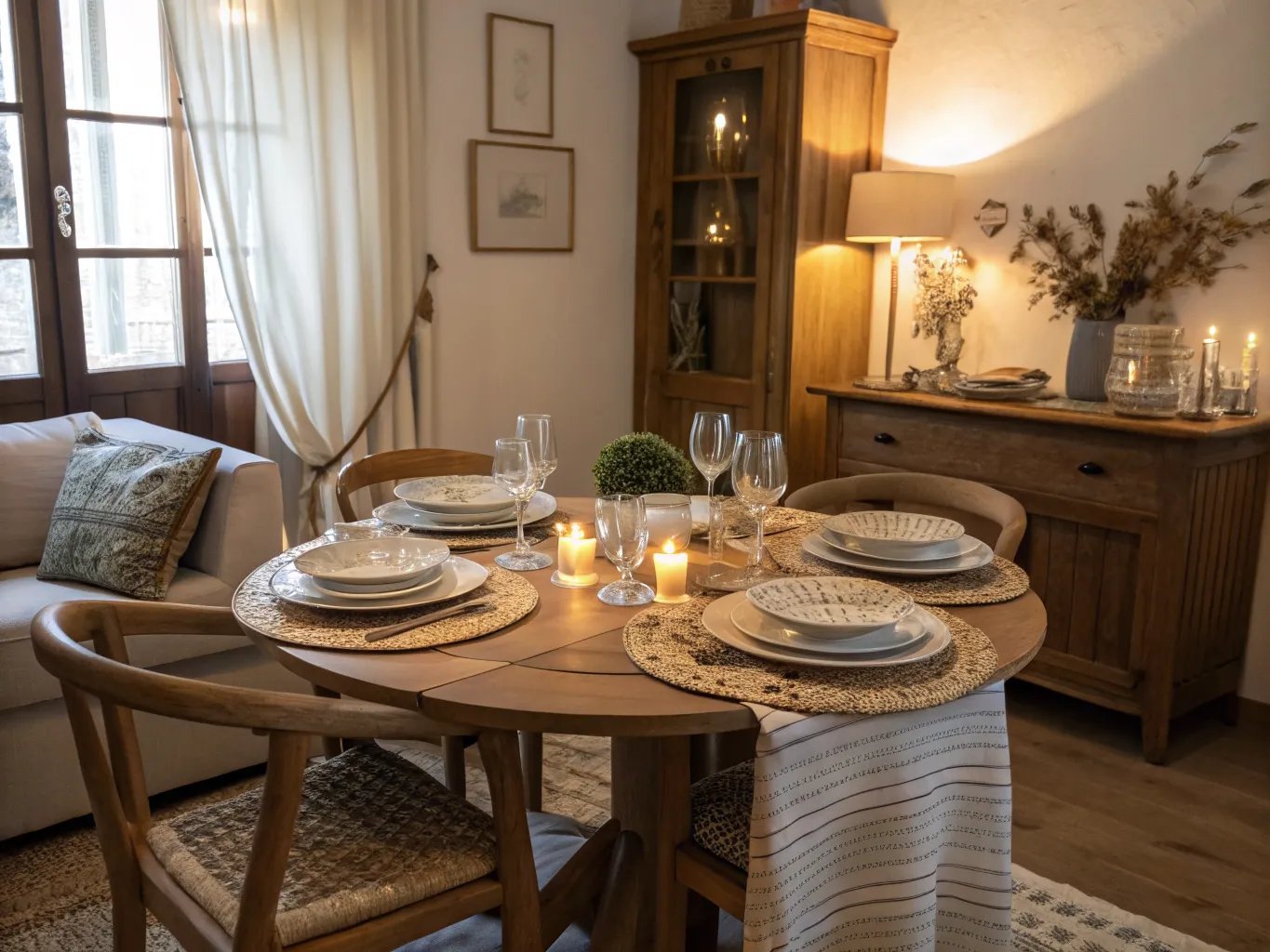 Cozy dining room with a round table and stylish chairs, set for a delightful meal.