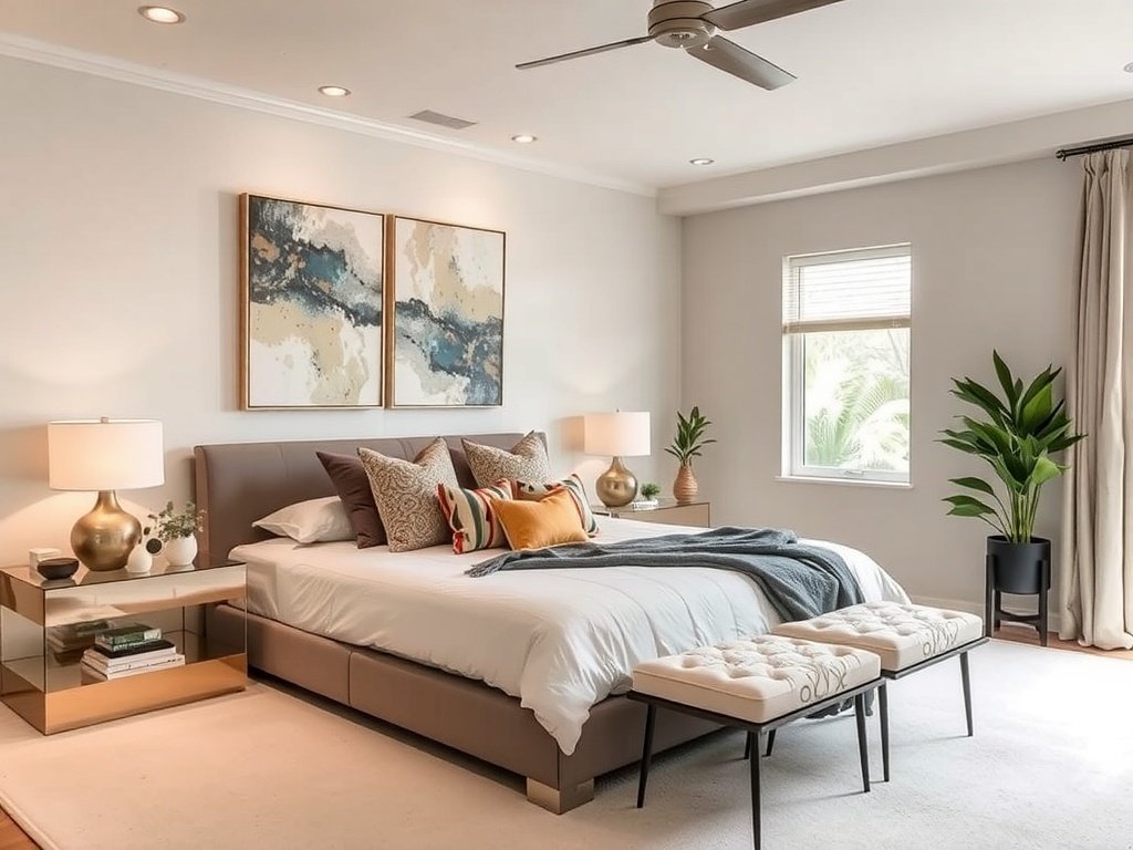 A stylish master bedroom featuring artistic wall decor with framed portraits and nature illustrations.