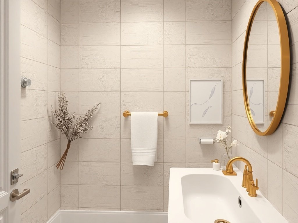 A modern bathroom featuring textured walls, elegant fixtures, and stylish decor.