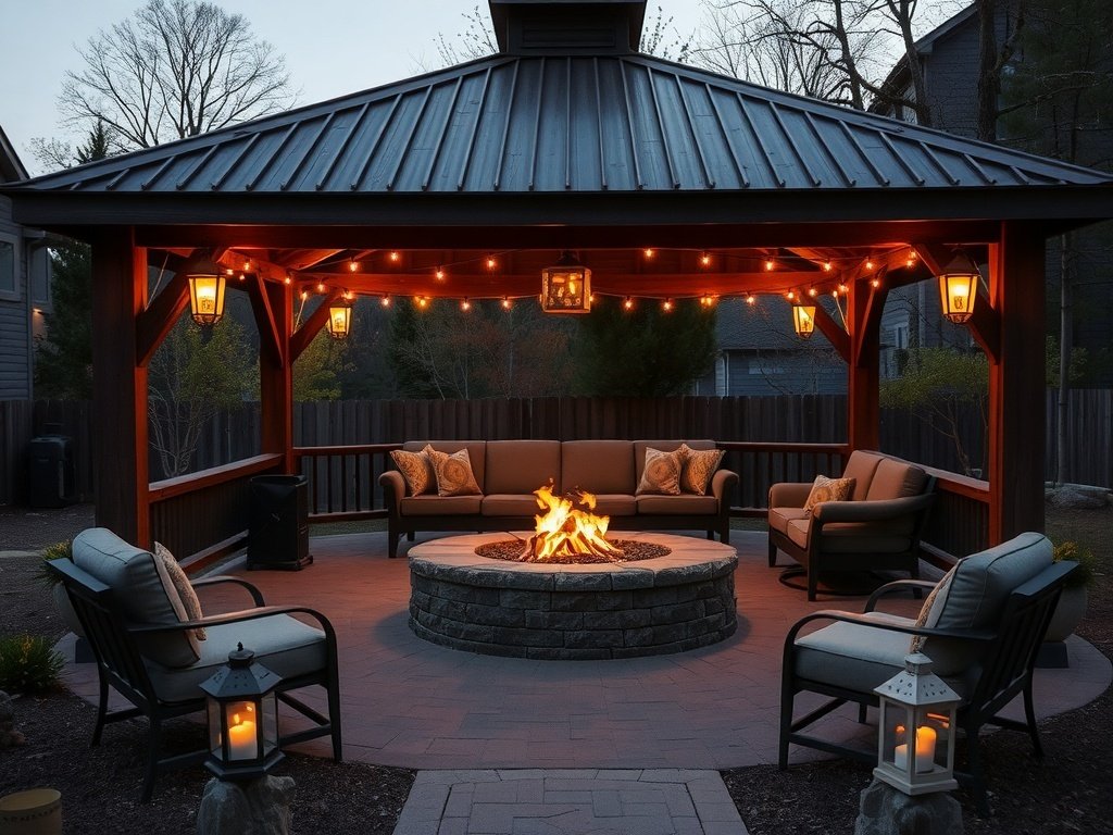 Rustic gazebo with a fire pit area, cozy seating, and warm lighting